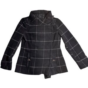 Coffee Shop New York Women's Navy Plaid Asymmetrical Collar Jacket Size Small‎